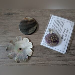 Bohemian Pendants, Set Of 3 - Amethyst, Vintage Mother Of Pearl Flower & Disc
